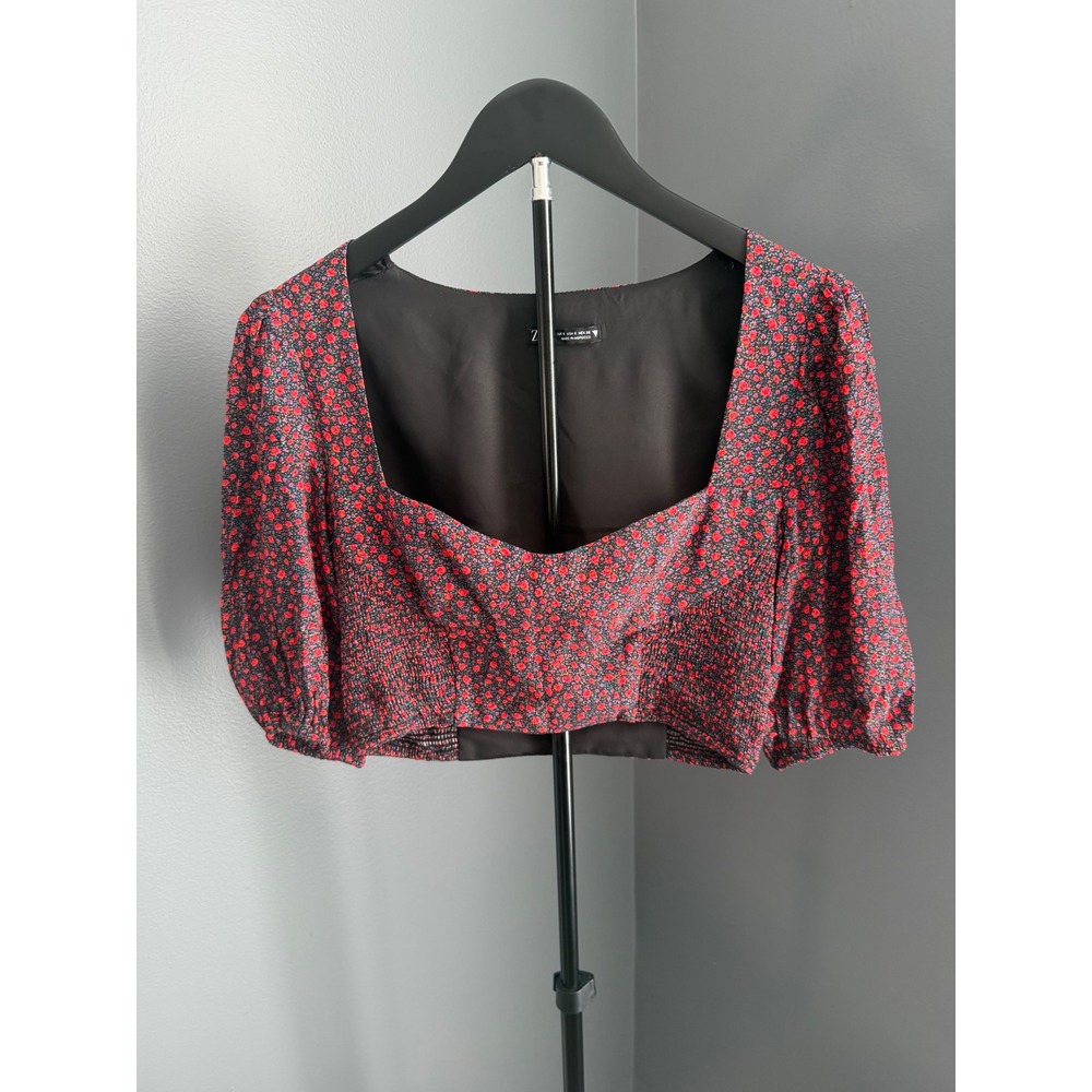 Zara‎ Crop Top Women S Red Floral Smocked Puff Sleeve Square Neck Boho Festival - Picture 7 of 9